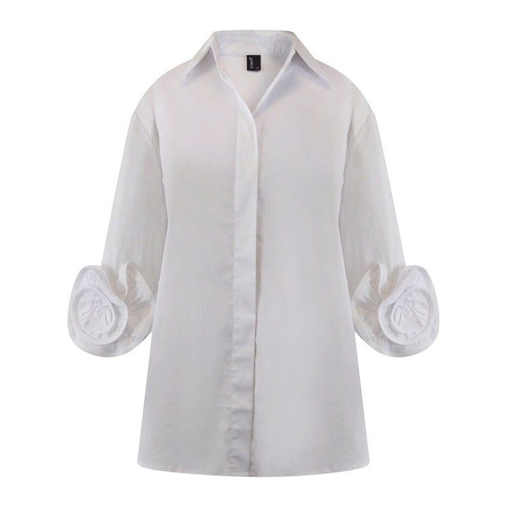 Ravel Women’s Floral Sleeve White 1W2296 Rosette Blouse Button Down Shirt NWT